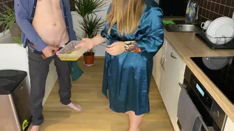 Sexy Mother-In-Law In A Silk Robe Pees In The Kitchen For Her Son-In-Law